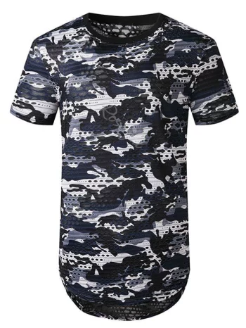 Camouflage Print Mesh Patch Hole Curved T Shirt